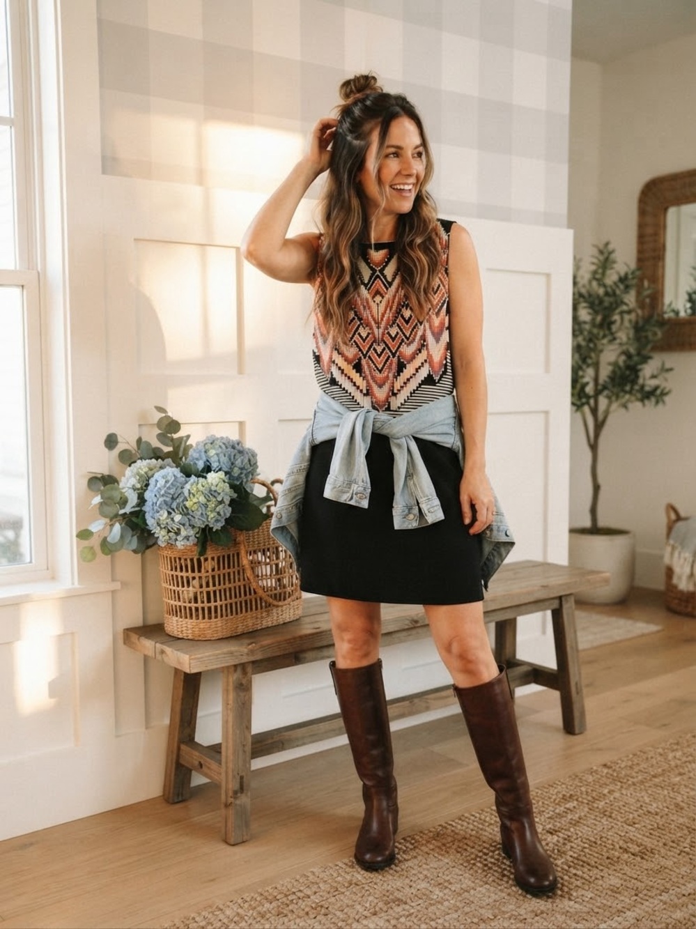 Zara Black Mini Dress with Coral and Peach Geo Print Top Large